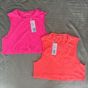 2 x LF Emma & Sam Neon Orange & Hot Pink Cutoff Crop Top Muscle Tee Tanks